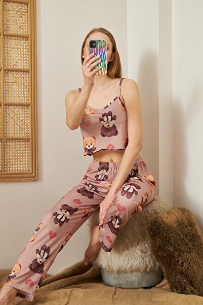 QUQUSTİL Women's Strap Crop Long Pajama Set Milky Brown Teddy Bear Model