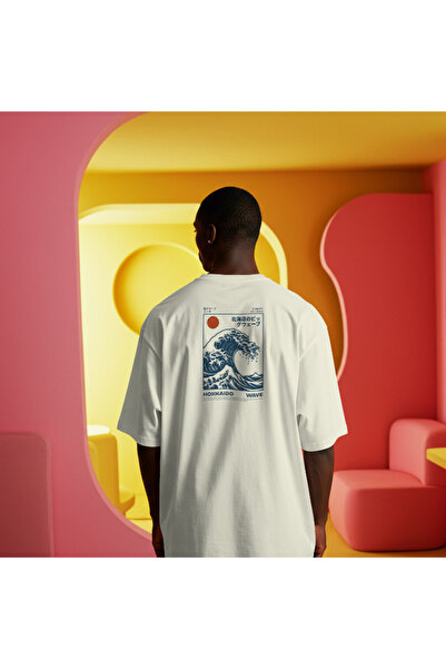 İnazuma Outdoors تيشيرت أبيض مطبوع بقصة واسعة للجنسين، بياقة دائرية وأكمام قص...