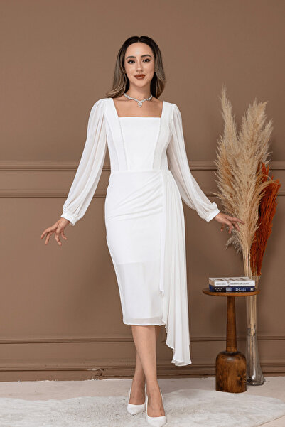 BEYBOS Atlas Kumaş Boncuk Detaylı Şifon Kol Kalem Elbise - BEYAZ