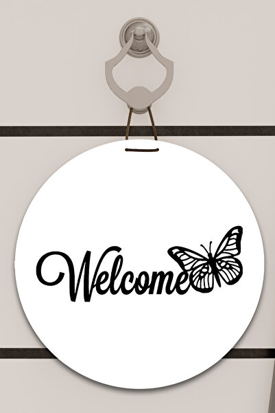 Dormot Decor de ușă cu imprimare digitală albă, decor de perete cu model de fluturi de bun venit