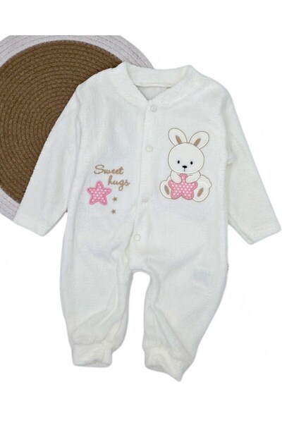 Ege Bebek Baby Girl Winter Rabbit Patterned 100% Cotton 0-1-3-6 Months Velvet Snap Jumpsuit
