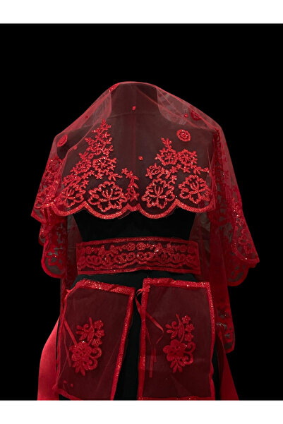 NEHİR AKSESUAR Çınar Kırmızı Simli Kına Örtüsü, Duvak Seti, Gelin Duvağı