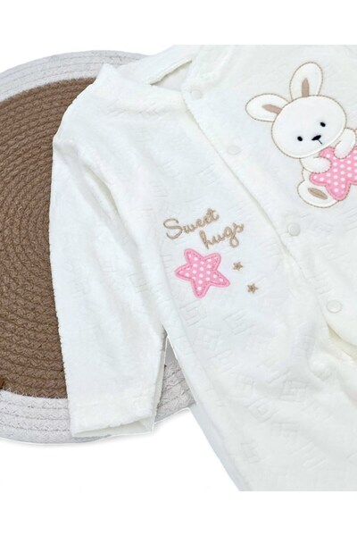 Ege Bebek Baby Girl Winter Rabbit Patterned 100% Cotton 0-1-3-6 Months Velvet Snap Jumpsuit