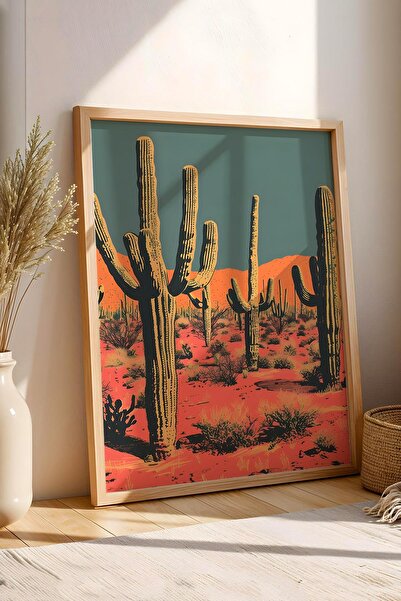 Saturn Pictură înrămată cu cactus Saguaro și plante de deșert - Pictură poster Pop Art
