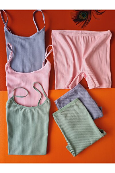 Demirsa Boutique Pamuklu Fitilli Likralı Pembe, Mavi, Yeşil Ribana Kadın İp Askılı 3'lü Atlet ve Külot-Şort Takım