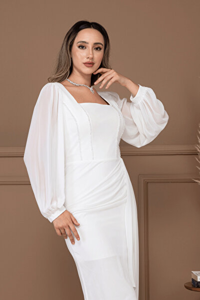 BEYBOS Atlas Kumaş Boncuk Detaylı Şifon Kol Kalem Elbise - BEYAZ