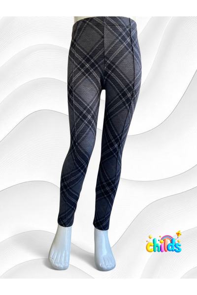 childs Plaid Gray Steel Interlock Medium Thick Cotton Lycra Girl's Ribbed Stitching Pants Leggings