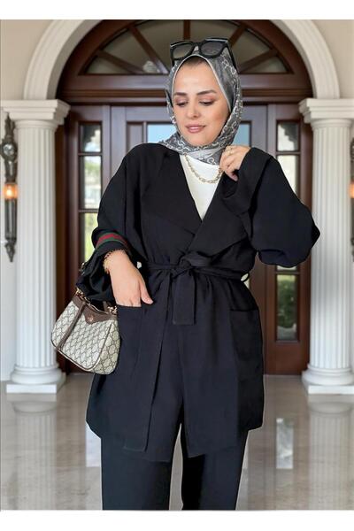 Aselim Hijap Moda Imported Woven Draped Jacket Belted Double Suit Black