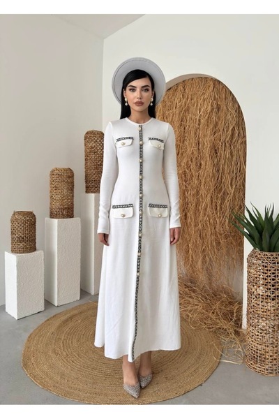 Afiş Butik White Knitwear Button Detailed Dress