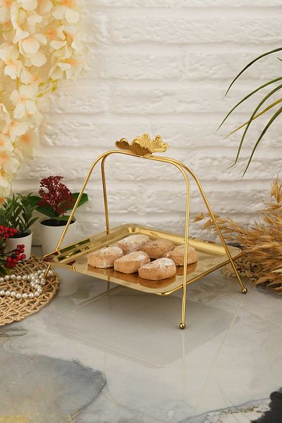 AKSESUAR EVRENİ Lilac Luxury Gold Stainless Metal Presentation and Serving Tray Decorative Footed Treat Plate Tray