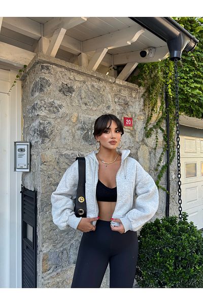 mekabutik Gray Zippered Crop Cardigan
