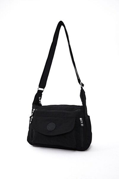 H&D COLLECTİON Geantă de umăr neagră pentru femei, din țesătură șifonată, rez...