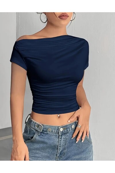 peri tower Advantageous Pack of 3 Navy Blue, Cream, Pink Women's Off-The-Shoulder Viscose Blouse with Pleat Detail