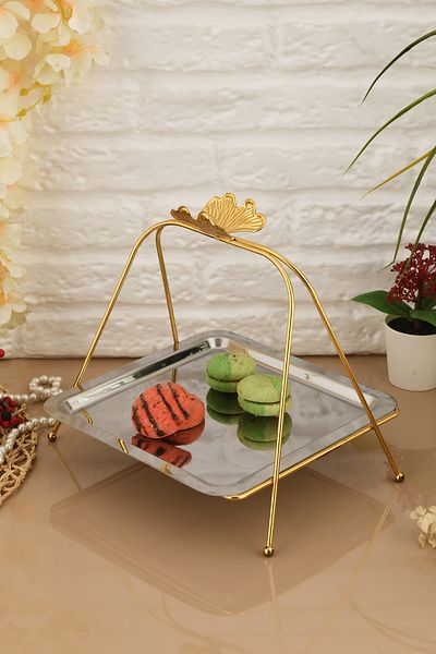 AKSESUAR EVRENİ Lilac Luxury Silver Stainless Metal Presentation and Serving Tray Decorative Footed Treat Plate Tray