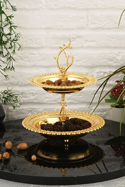 AKSESUAR EVRENİ June Luxury Gold Stainless Metal Presentation and Serving Tray Two-Tier Treat Tray with Decorative Feet