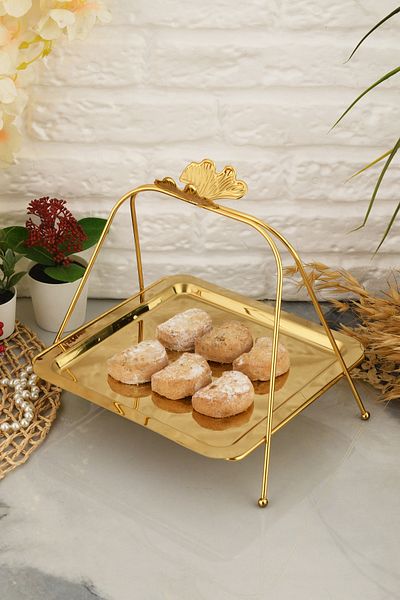 AKSESUAR EVRENİ Lilac Luxury Gold Stainless Metal Presentation and Serving Tray Decorative Footed Treat Plate Tray