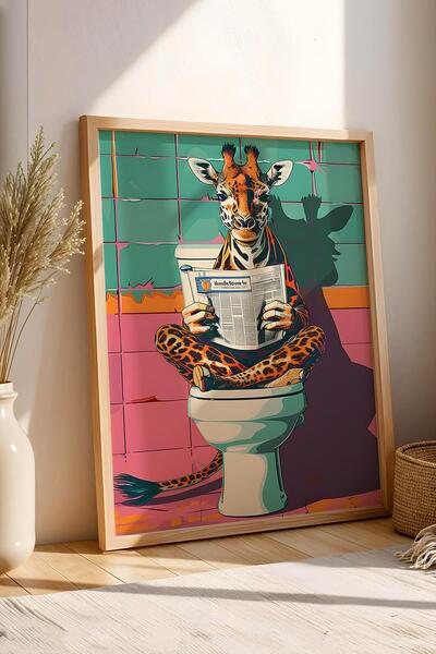 Saturn Giraffe Reading Newspaper on the Toilet Framed Painting - Pop Art Poster Painting