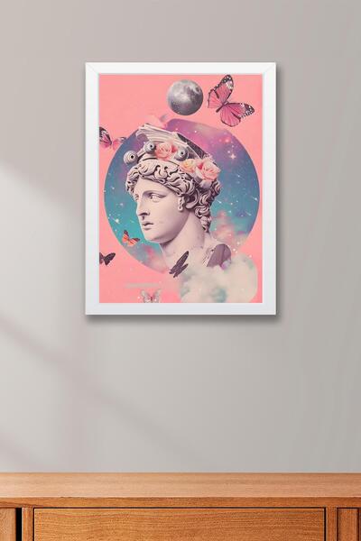 Saturn Surreal Bust in Space Wings Framed Painting - Pop Art Poster Painting