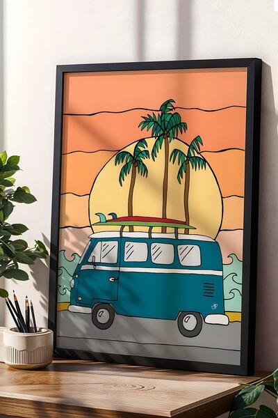 Saturn Journey to the Beach with Volkswagen Minibus Framed Painting - Pop Art Poster Painting