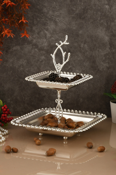 AKSESUAR EVRENİ Melis Luxury Silver Stainless Metal Presentation and Serving Tray Two-Layer Treat Tray with Decorative Feet