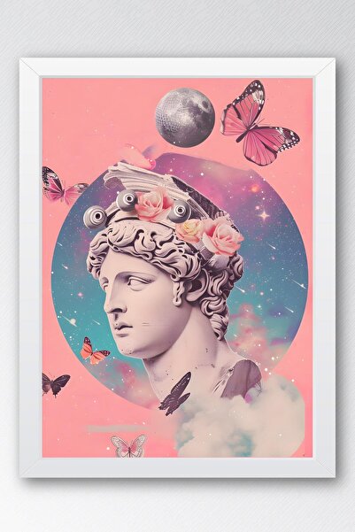 Saturn Surreal Bust in Space Wings Framed Painting - Pop Art Poster Painting