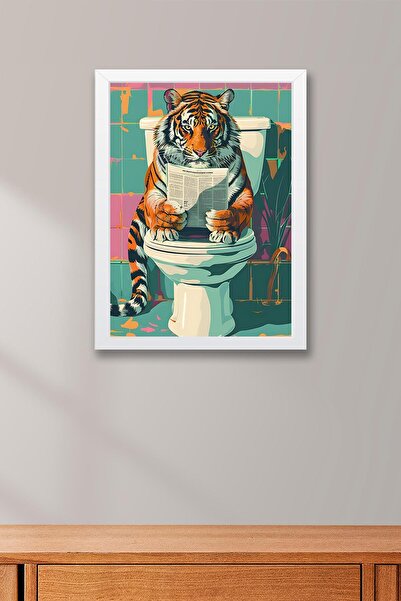 Saturn Tiger Reading Newspaper on the Toilet Framed Painting - Pop Art Poster Painting