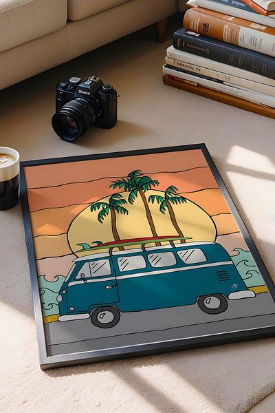 Saturn Journey to the Beach with Volkswagen Minibus Framed Painting - Pop Art Poster Painting