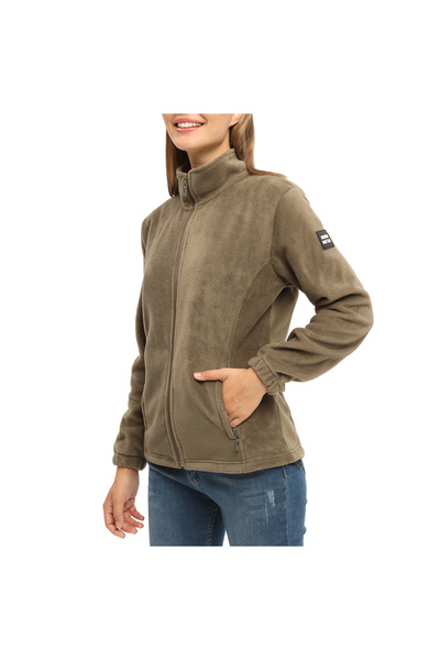 Bison Battle Kadın Haki Tam Fermuarlı Polar Ceket - İki Fermuarlı Cep, Ayarla...
