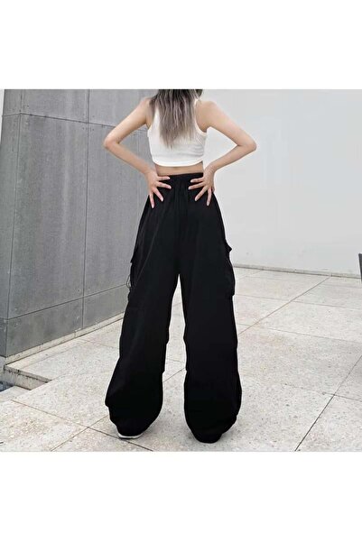 harmony factory Black Tile Pocket Detailed Street Elastic Y2K Gabardine Trousers