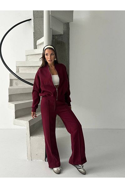 Zeynep Öykü Style Women's 3-Thread Inside Raised Combed Cotton Fabric Striped Tracksuit Set