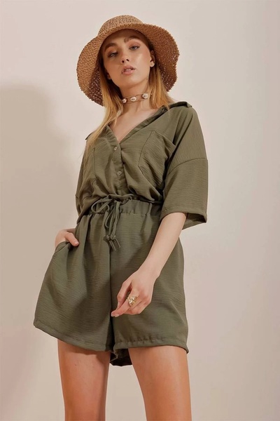 bysoca Women's Khaki Oversize Off-Shoulder Pocket Shirt and High Waist Lace-U...