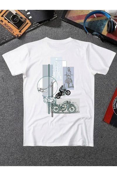 ELNOYA Unisex Cotton White Oversize "Motor" Printed Crew Neck Comfortable T-Shirt