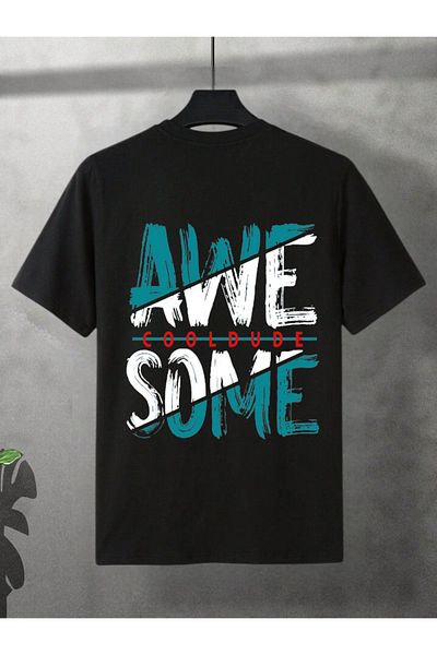 ELNOYA Unisex Cotton Black Oversize "Awe Some" Printed Crew Neck Comfortable T-Shirt