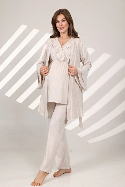 TREND Kruvaze Sabahlıklı Lohusa Hamile Pijama Takımı Bej - 573