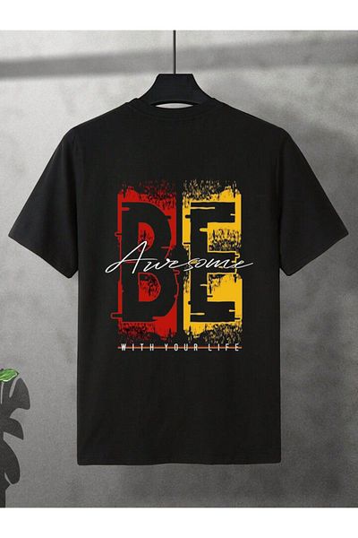 ELNOYA Unisex Black Oversize "Be Awesome" Printed Crew Neck Comfortable T-Shirt