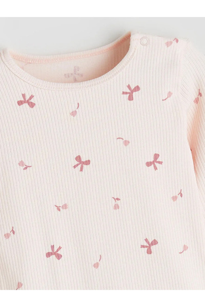 LC Waikiki LCW baby Pembe Bisiklet Yaka Fiyonk Baskılı Kız Bebek Çıtçıtlı Body ve Tayt