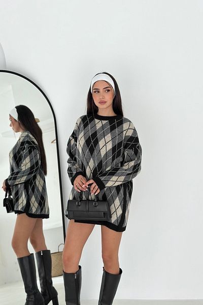 Noi Belis Oversize Plaid Patterned Crew Neck Sweater Aw25Kz0007