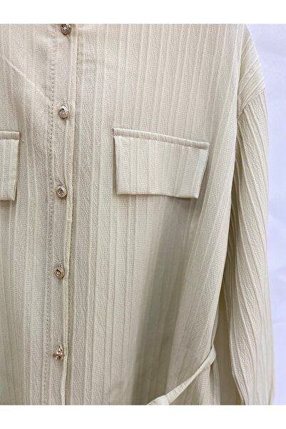 PALMİYE GİYİM Hakim Yaka Cep Detaylı Kuşaklı Kadın Gömlek Tunik