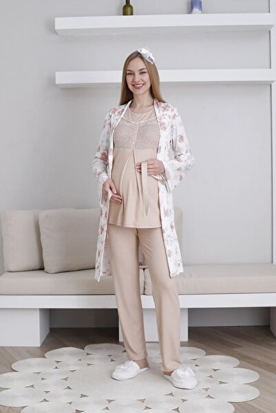 TREND Önden Düğmeli Çiçek Baskılı Sabahlıklı Lohusa Pijama Takımı - 3436