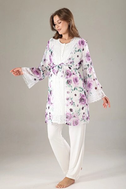 TREND Önden Düğmeli Çiçekli Sabahlıklı Lohusa Hamile Pijama Takımı Lila - 815