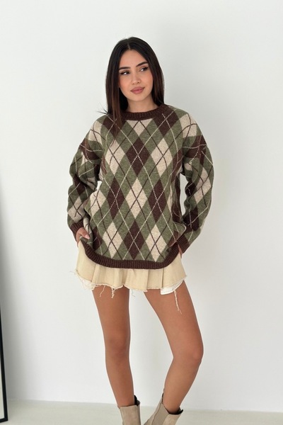 Noi Belis Oversize Plaid Patterned Crew Neck Sweater Aw25Kz0007