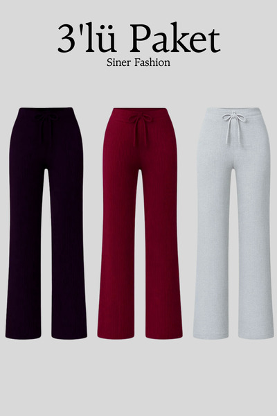 Siner Fashion Women's 3-Piece Ribbed Wide Leg Comfortable Casual Trousers