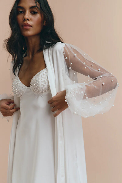 lousa Silky Satin Sleeves Long Bridal Dressing Gown with Pearl Detail