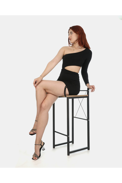 JK Stores Asimetrik Kesim Bel Detaylı Tek Kol Mini Elbise