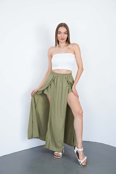 polle Fustă maxi elastică kaki pentru femei, cu pantaloni scurți cu două șlițuri