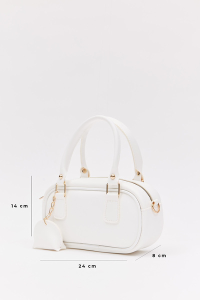 Shanta White D20 Single Zipper Compartment Adjustable Strap Mini Charm Detailed Women's Hand and Shoulder Bag