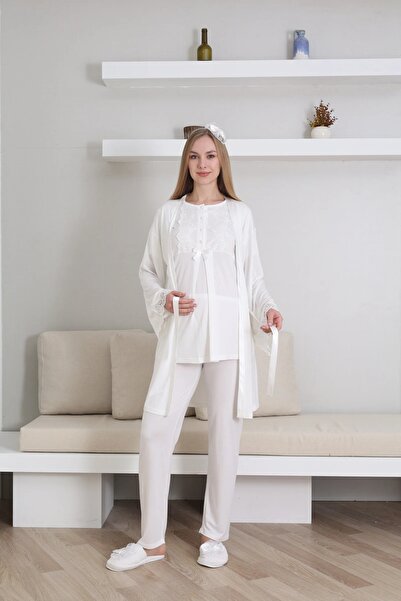 TREND Önden Düğmeli Güpürlü Sabahlıklı Lohusa Hamile Pijama Takımı - 3433