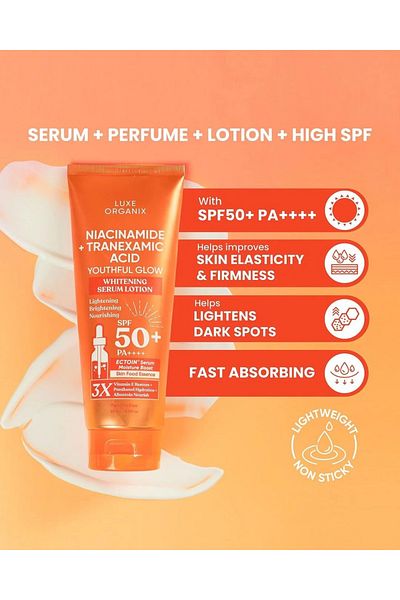 LUXE ORGANIX Niacinamide + Tranexamic Acid Youthful Glow Whitening Serum Lotion SPF50+ PA++++ (Orang