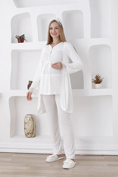 TREND Güpürlü Dantelli Kol Sabahlıklı Lohusa Pijama Takımı - 3426