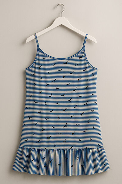 Fenne Rochie de damă cu bretele, cu dungi albastre și model de păsări – Rochie confortabilă cu detaliu cu volane